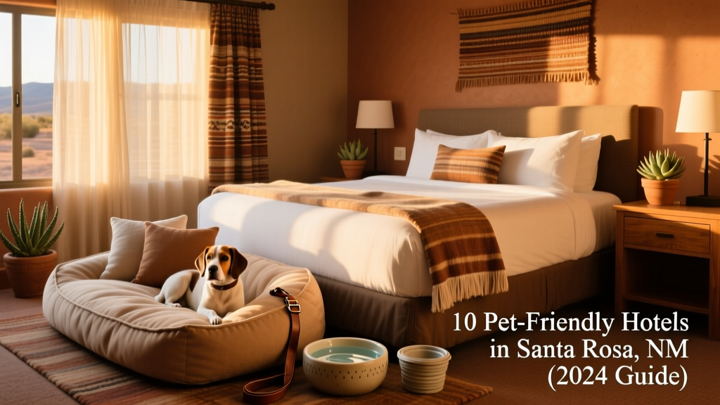 A cozy, well-lit hotel room with a dog bed and water bowl set up beside the bed, showing thoughtful pet amenities