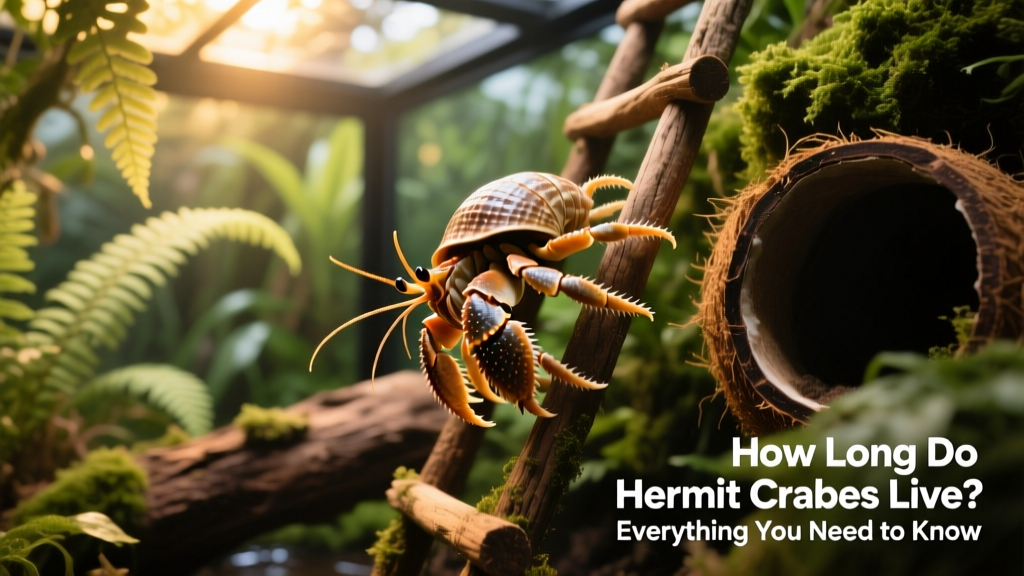 Hermit crab climbing a natural coconut ladder inside a lush, enriched enclosure with plants and hiding spots