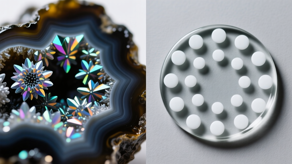 Macro comparison showing natural cristobalite spherulites in real obsidian versus uniform painted white spots on fake glass.