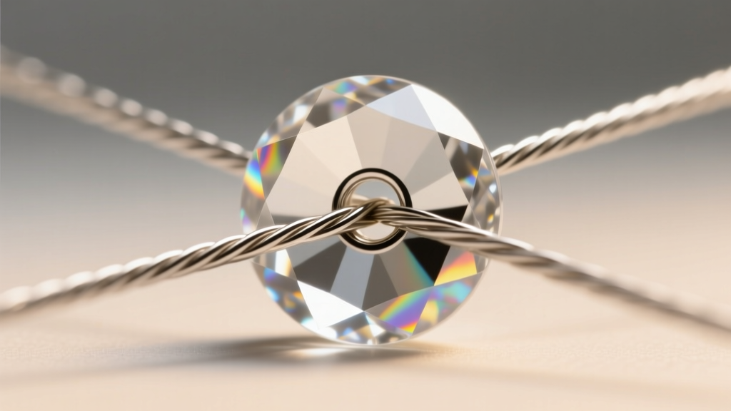 Close-up of 49-strand stainless steel beading wire threading through the narrow hole of a faceted clear quartz gemstone bead.