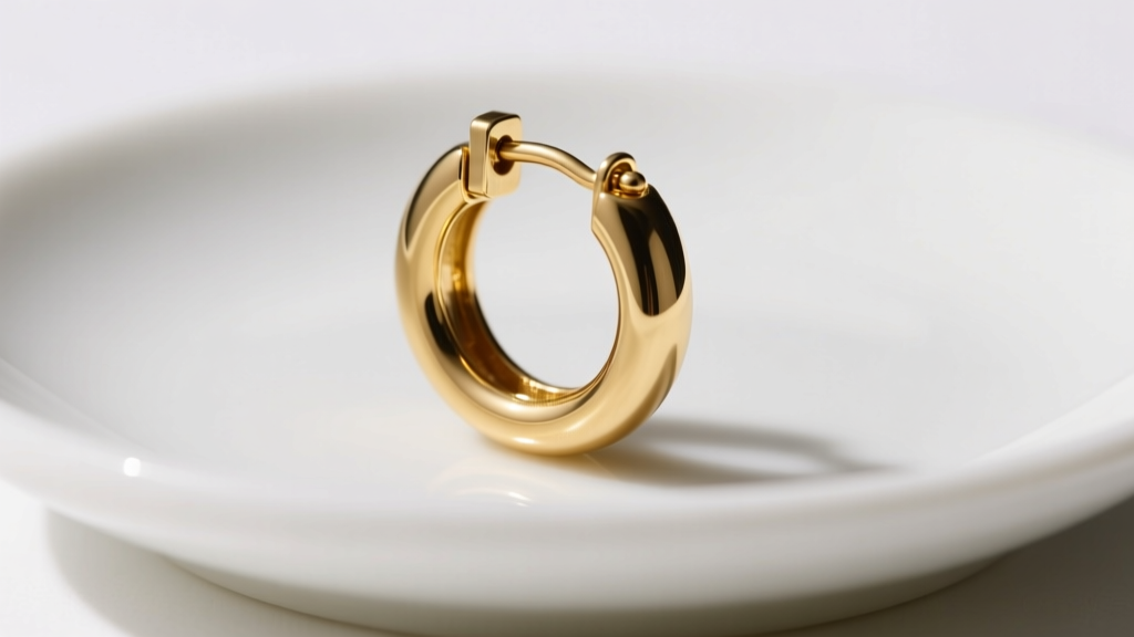 Macro shot of a gold vermeil huggie earring on a white ceramic dish, highlighting thick gold plating and a secure hinge clasp