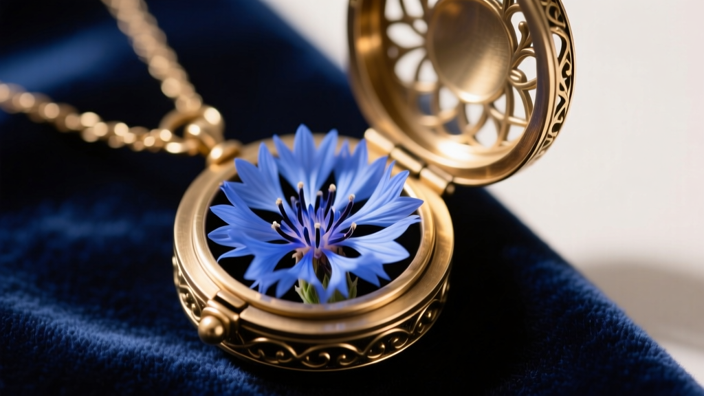Close-up of an open brass flower press necklace locket revealing a preserved blue cornflower inside, resting on velvet fabric