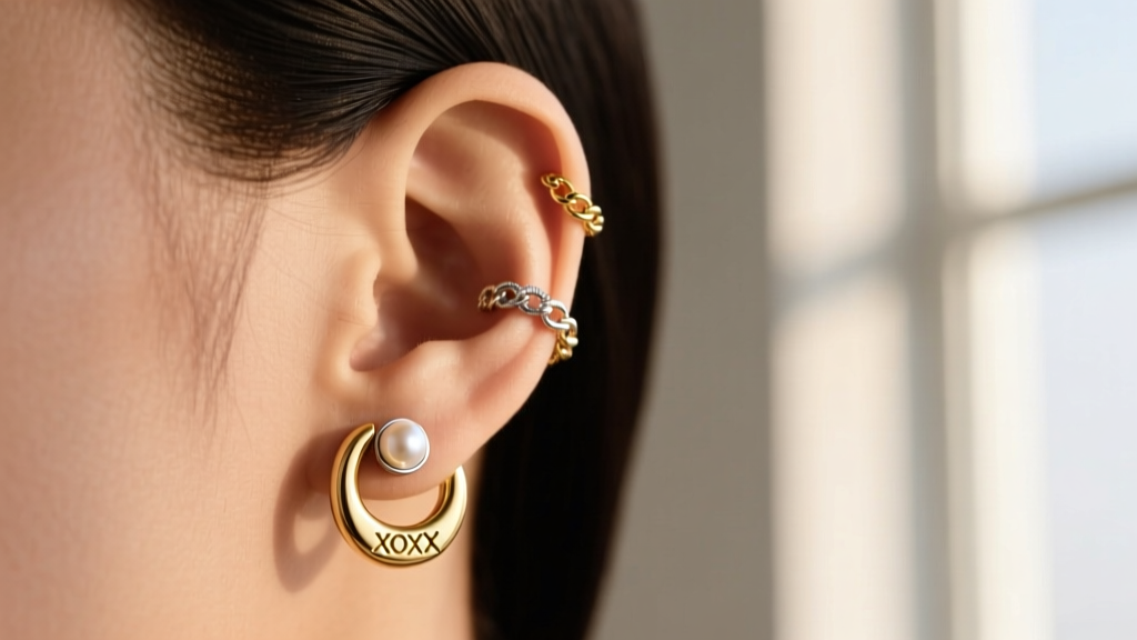 Side profile of curated ear stack featuring an XOXO gold huggie hoop, simple pearl stud, and delicate chain ear cuff on helix