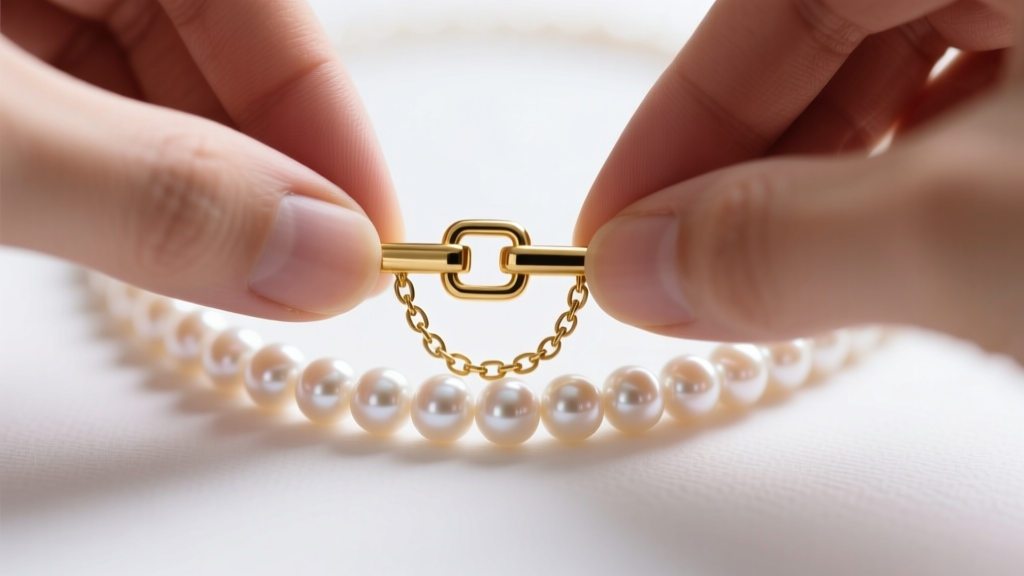 Hands attaching a gold locking magnetic clasp with a safety chain to a pearl necklace, demonstrating a secure jewelry fit.