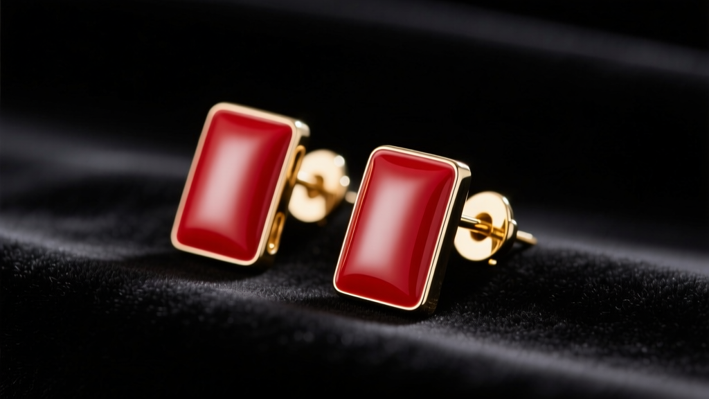 Red enamel clip on earrings on black velvet, showing the gold hinge and glossy crimson finish under soft studio lighting.