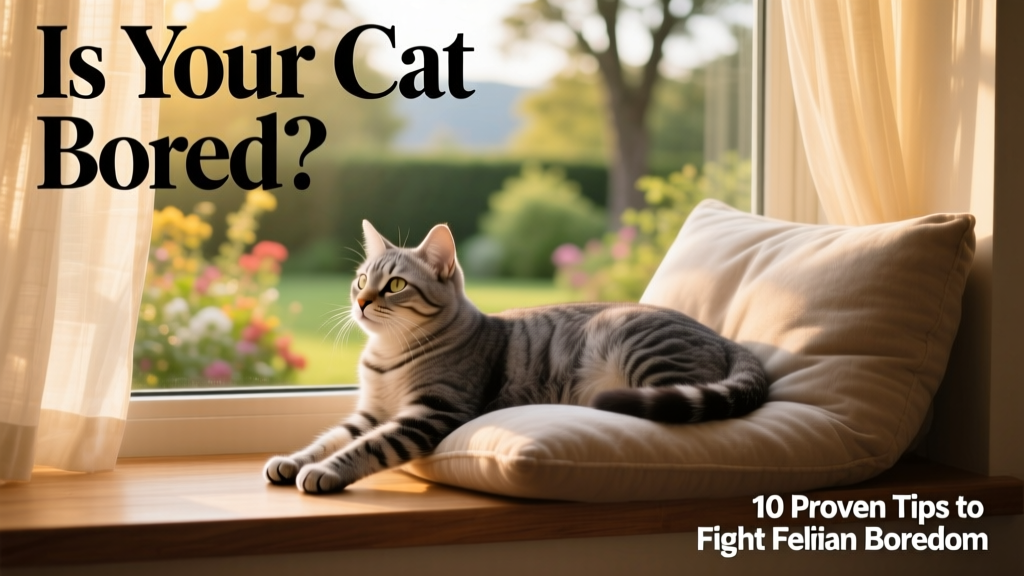 Cat relaxing on a cushioned window perch, gazing outside
