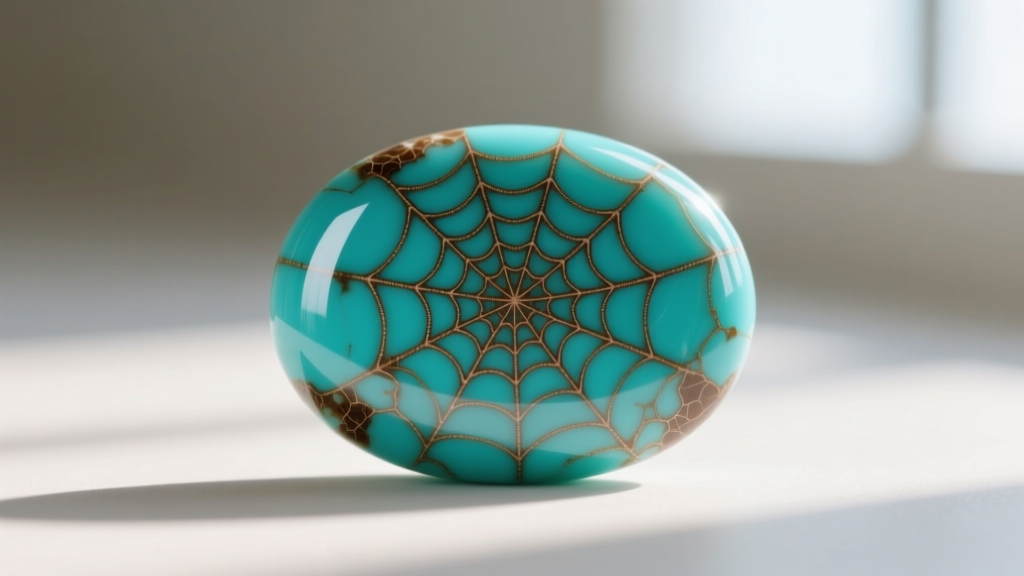 Macro shot of a stabilized Kingman turquoise cabochon showing intricate brown spiderweb matrix and a high-polish resin finish.