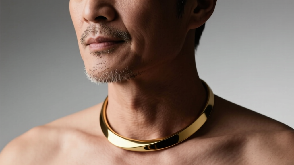 Close-up of a man wearing a polished 6mm 14k yellow gold collar necklace resting perfectly on the collarbone, studio lighting.