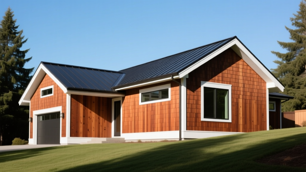 Modern craftsman house exterior featuring stained western red cedar lap siding with crisp white trim and dark metal roof accents