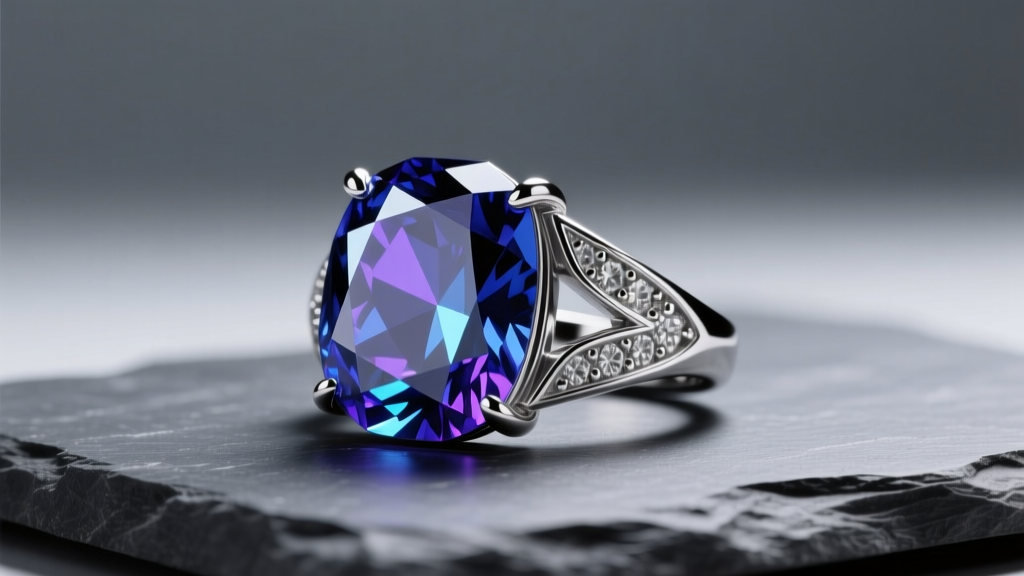 East-west deep blue sapphire platinum ring on slate, studio lighting revealing violet-blue pleochroism and sharp geometric facets.