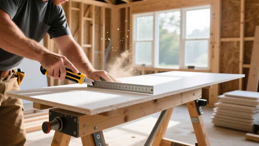 Contractor measuring and cutting a half-inch standard gypsum board sheet on a sawhorse in a brightly lit residential framing site