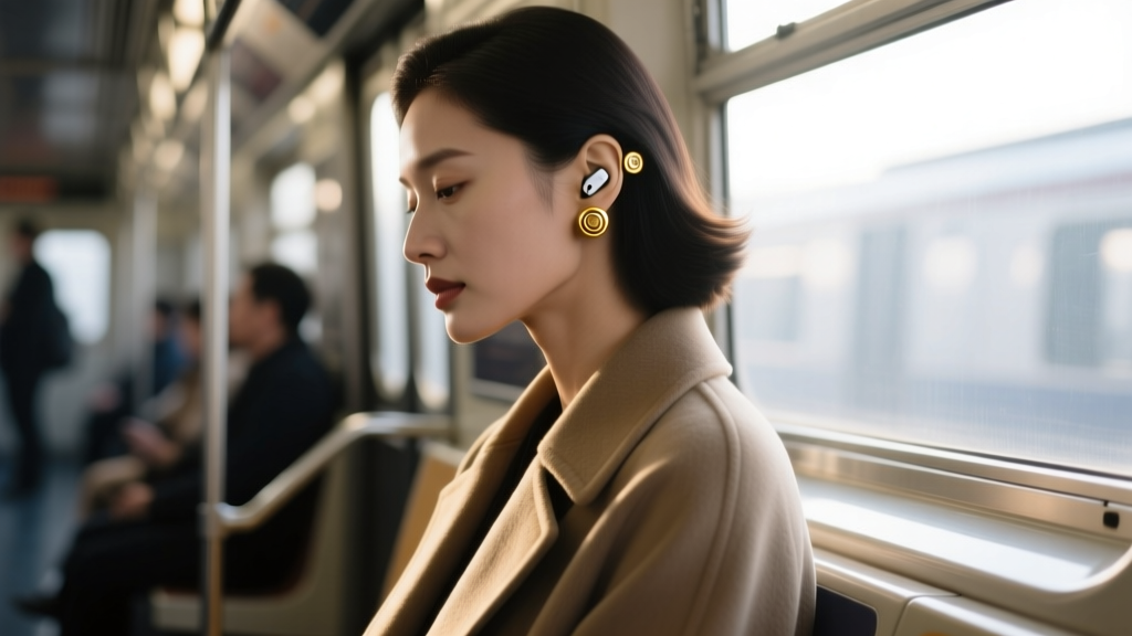 Elegant woman on a subway wearing 18k gold-plated smart stud earrings with hidden micro-speakers, soft cinematic morning lighting