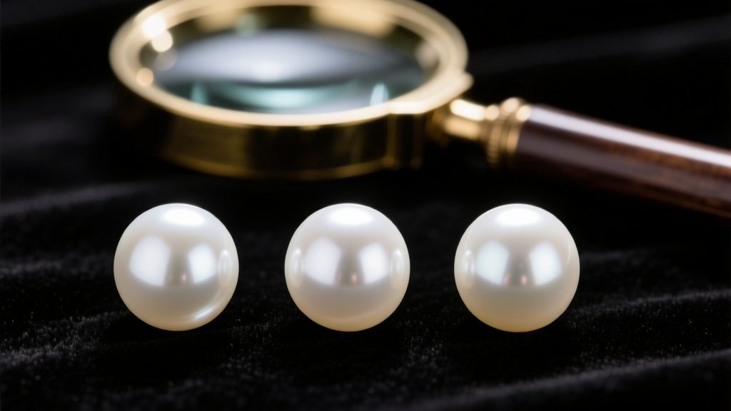 Macro shot of three round white pearls displaying varying luster grades on dark velvet, with a jewelers loupe in the background