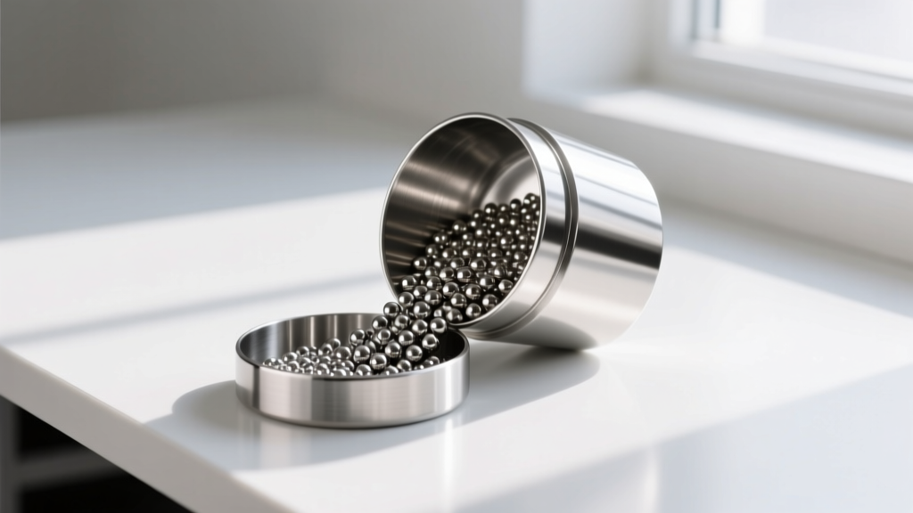 A pro stainless steel rotary jewelry tumbler on a white workbench, partially open to reveal shiny steel shot media inside.