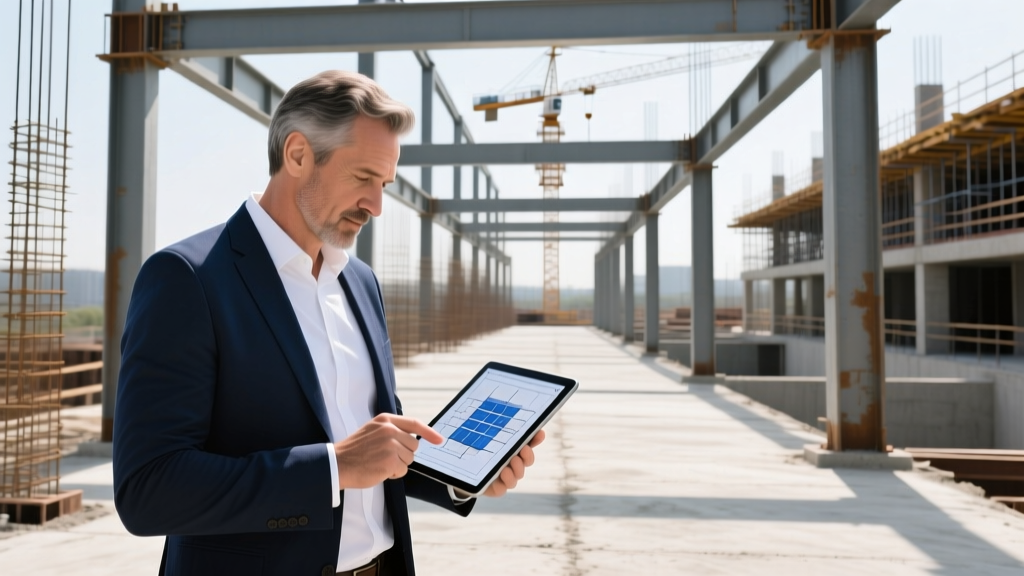 Architect reviewing digital blueprints on a tablet at a commercial construction site with steel framing and concrete foundations visible