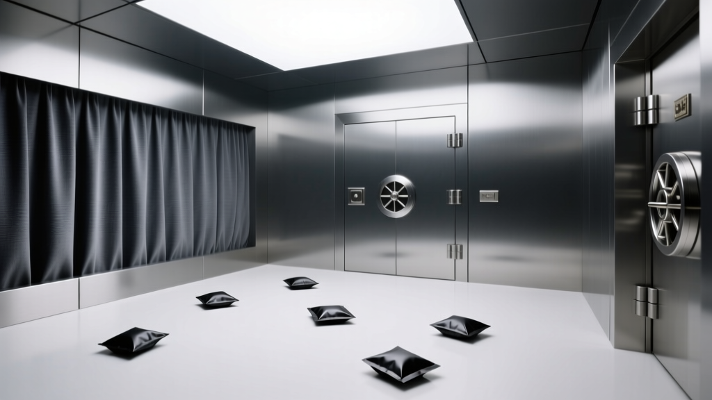 Interior of an aluminum jewelry vault featuring dark grey anti-tarnish silver cloth lining and small activated charcoal packets