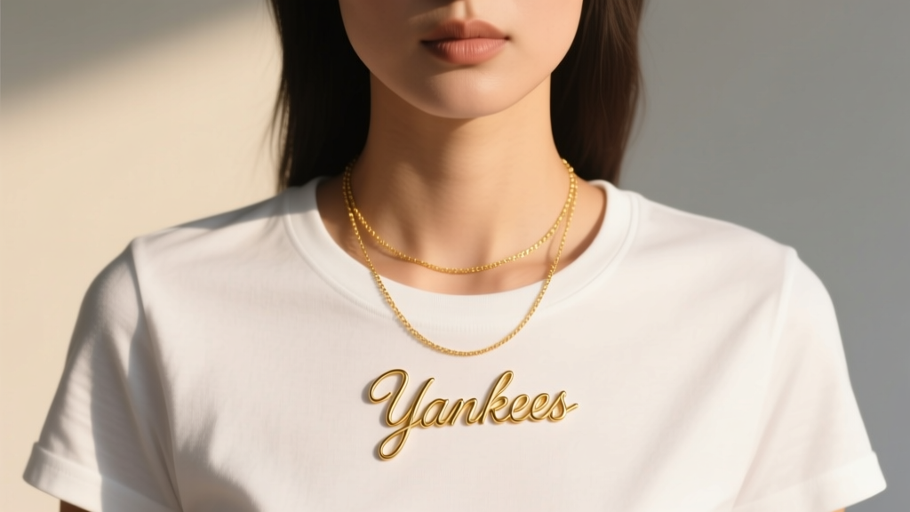 14k gold vermeil Yankees script necklace layered with a thin chain on a model wearing a white t-shirt in natural sunlight