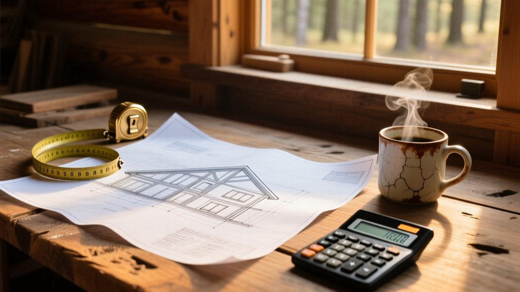 Architectural blueprints for a timber frame cabin on a wooden desk with a calculator, brass tape measure, and coffee mug in warm sunlight