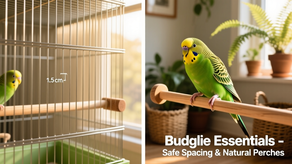 Side-by-side comparison showing proper bar spacing and a budgie comfortably gripping a wooden perch