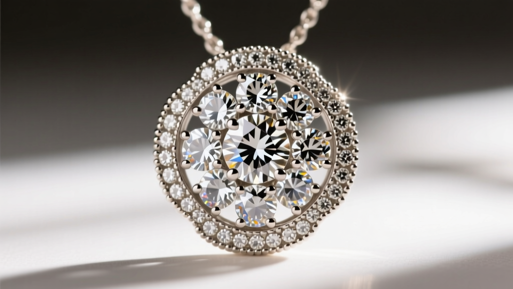 Macro shot of a vintage-inspired Neil Lane diamond cluster pendant with milgrain detailing, revealing faint SI clarity inclusions.