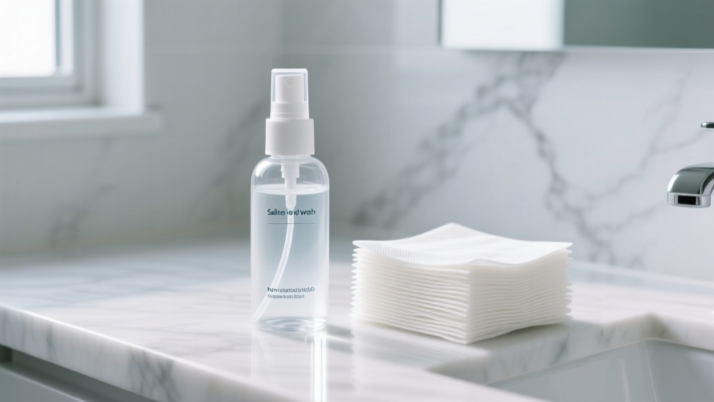 A sterile saline wound wash spray bottle and non-woven gauze pads arranged neatly on a clean white marble bathroom countertop.