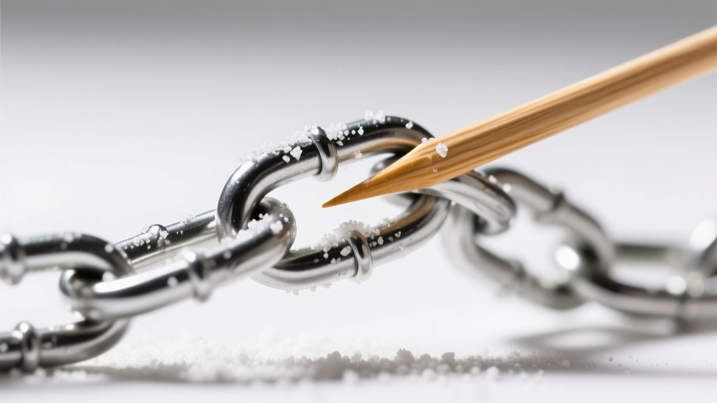 Macro shot of a wooden skewer gently separating a knotted silver chain link, dusted with cornstarch under bright studio lighting.