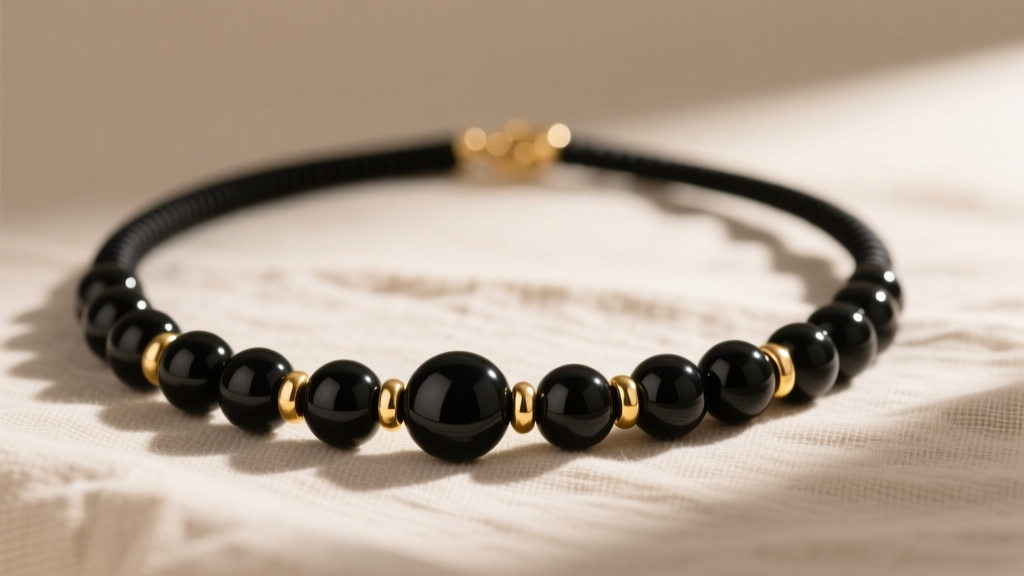 Macro shot of an elastic band necklace with matte onyx and gold beads resting gracefully on a soft, neutral linen fabric surface.