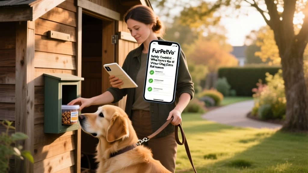 Dog owner reading FurPetVo’s digital safety checklist on smartphone while checking outdoor shed for secure bait placement