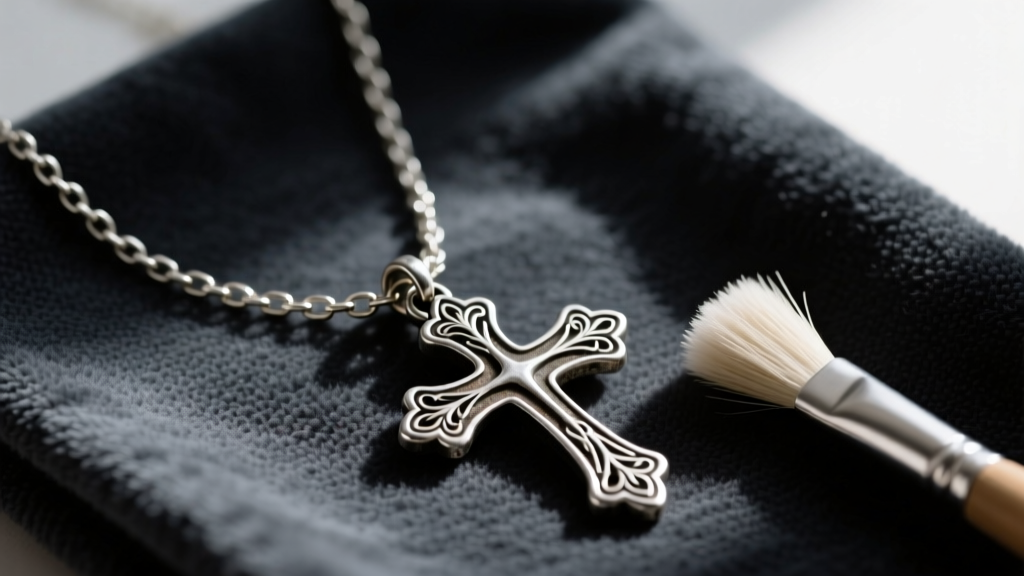 Close-up of a tarnished sterling silver necklace cross chain resting on a dark microfiber cloth next to a soft cleaning brush