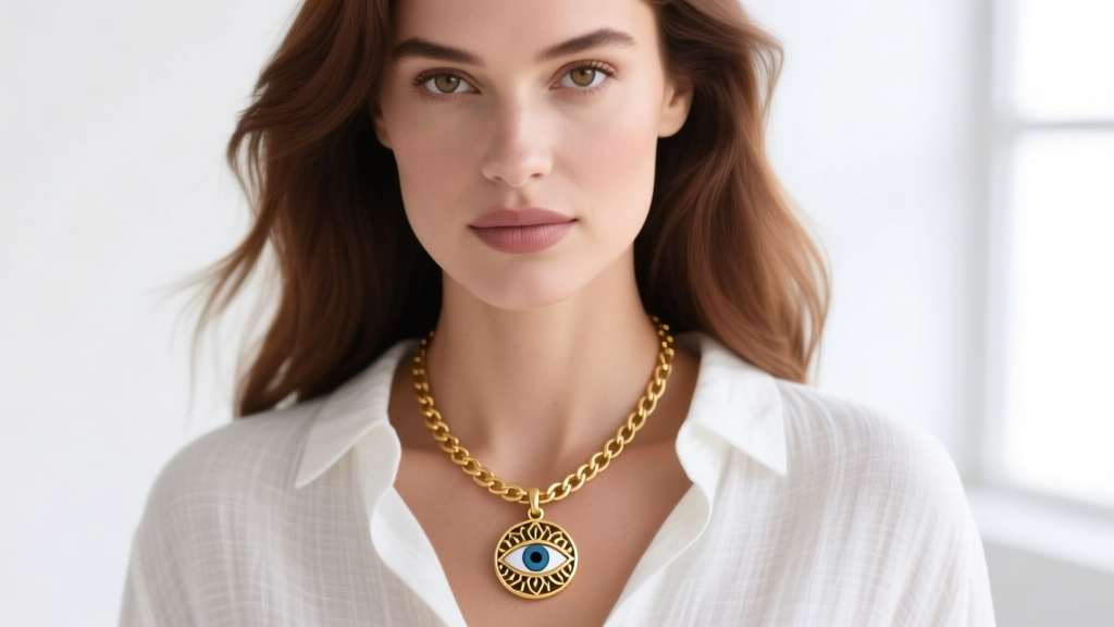 Close-up of a woman wearing a 20-inch gold vermeil Free People charm necklace with an evil eye pendant over a white linen shirt
