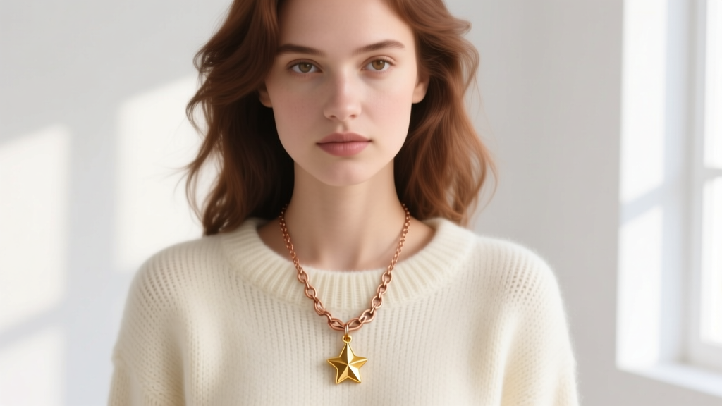 Copper Stardew Valley bath house necklace layered with a tiny gold stardrop pendant over a cream knit sweater in soft light