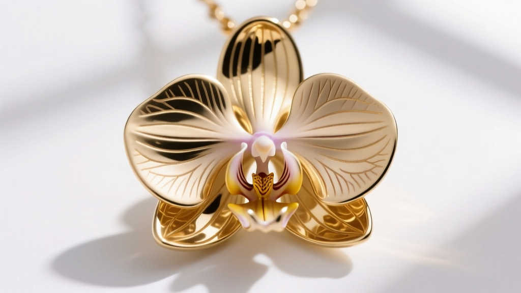Macro shot of an 18k gold orchid pendant showing detailed petal veining and a polished center, isolated on a pure white background.