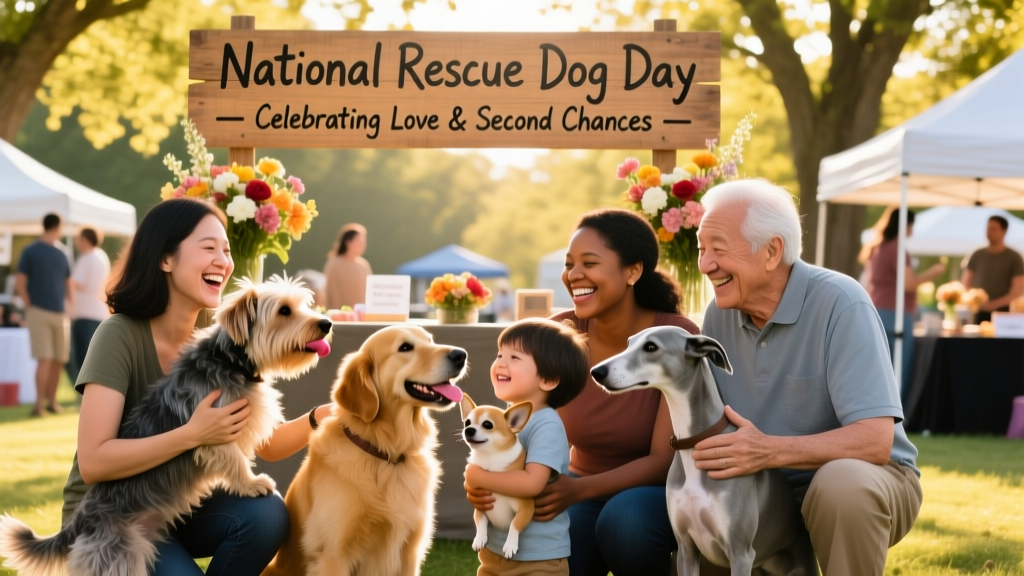 A joyful, diverse group of people smiling beside their adopted rescue dogs at a sunny outdoor adoption event
