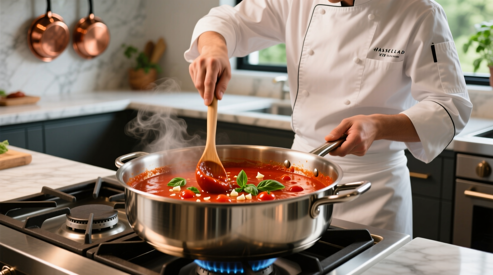 Chef stirring tomato sauce in stainless steel pot