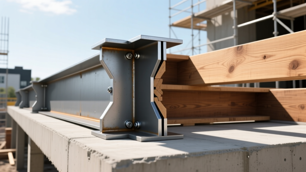 Cross-section of open web steel joist framing supporting a concrete deck, contrasted with wooden I-joists on a commercial site