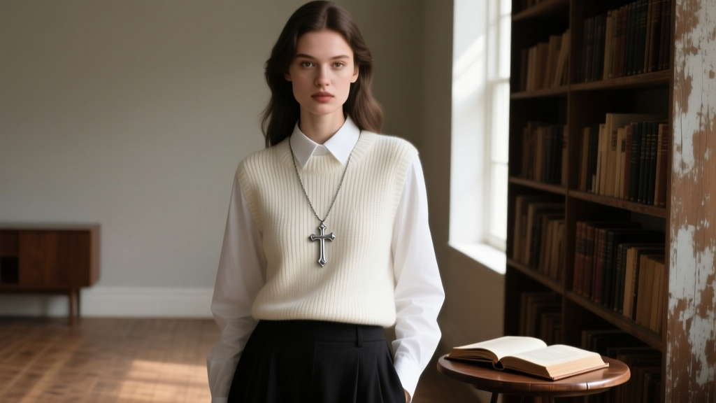 Model wearing a layered dark academia outfit featuring a pewter crucifix necklace over a crisp white collared shirt and sweater.