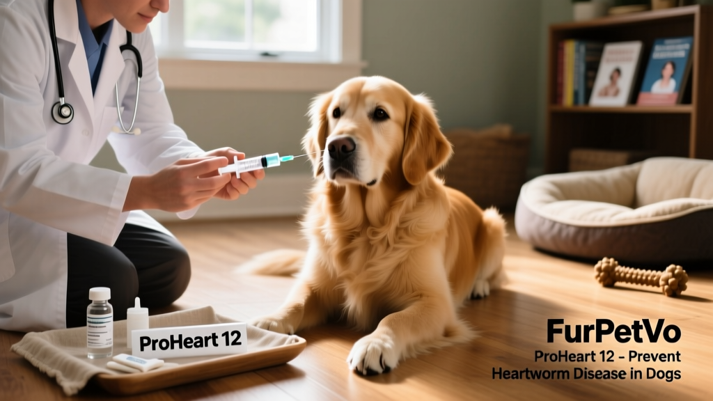 Veterinarian preparing a FurPetVo ProHeart 12 injection for a calm, seated dog