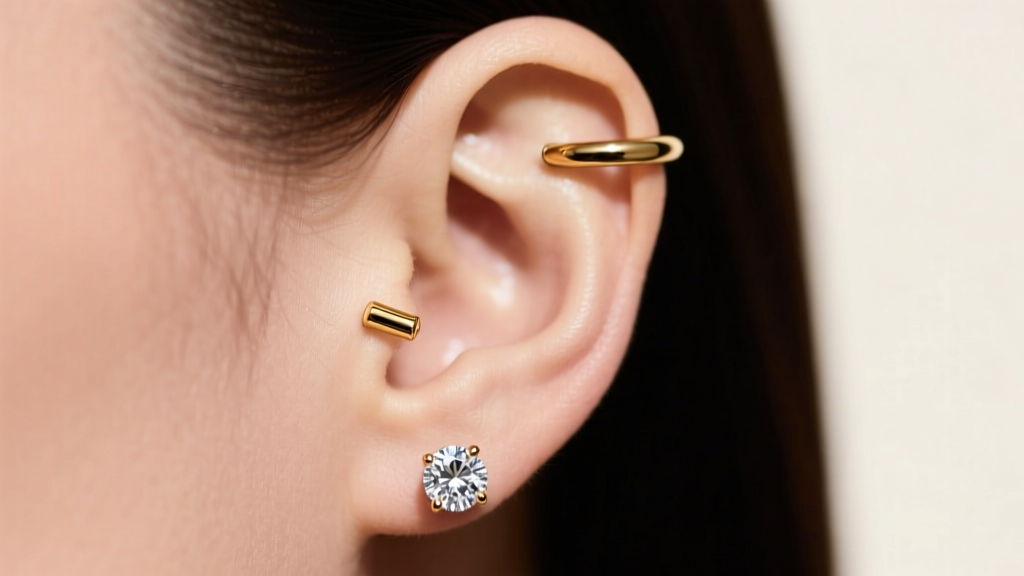 Close-up profile of an ear wearing a 3 earring set: 14k gold flat piercing, upper lobe hoop, and lower lobe diamond huggie.