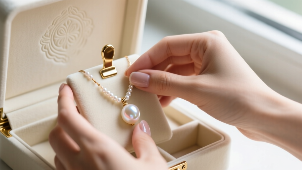 Close-up of hands carefully clasping a pearl pendant necklace onto a brass hook inside a cream-lined jewelry box organizer.