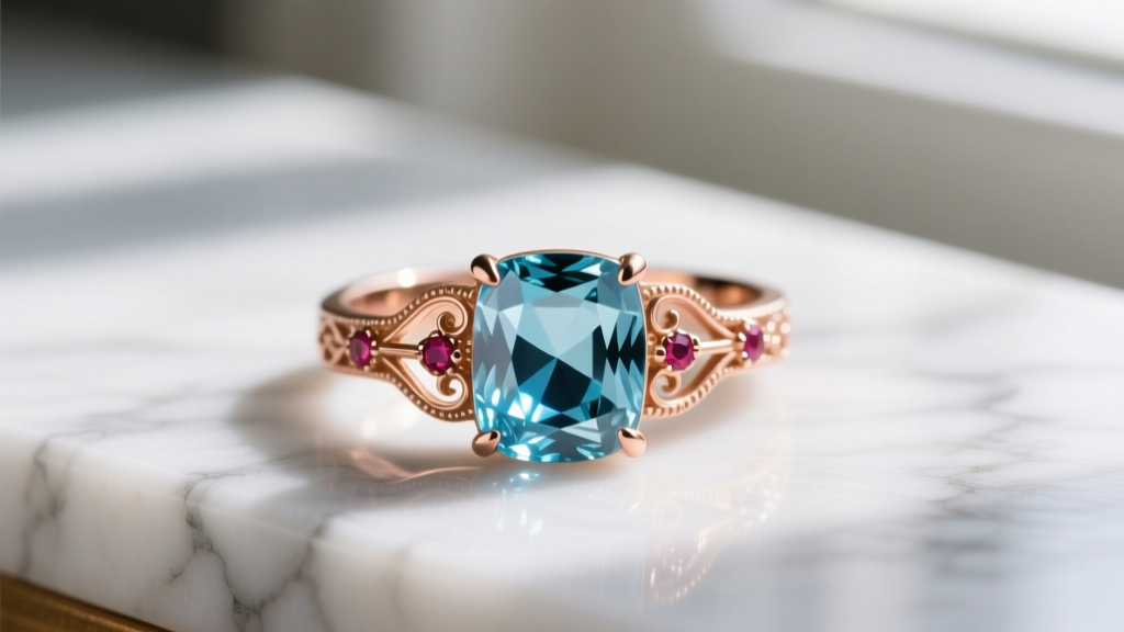 Macro shot of a Retro 1940s 18k rose gold cocktail ring with a large cushion-cut aquamarine and ruby accents on white marble.
