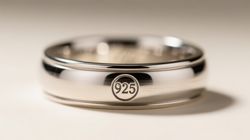 Macro photography of a crisp 925 sterling silver hallmark stamped inside a polished vintage ring band under soft studio lighting