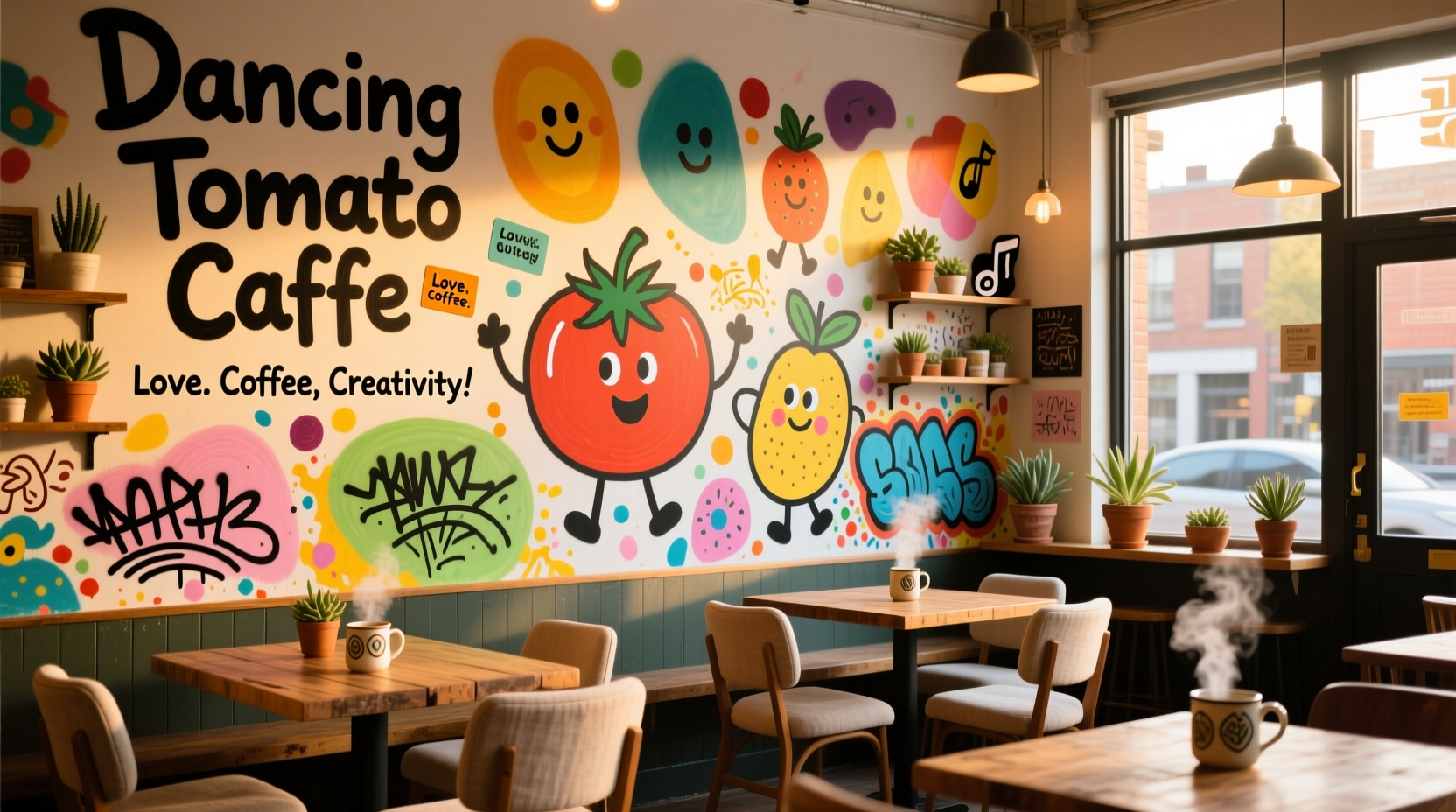 Interior view of Dancing Tomato Caffe showing community art wall