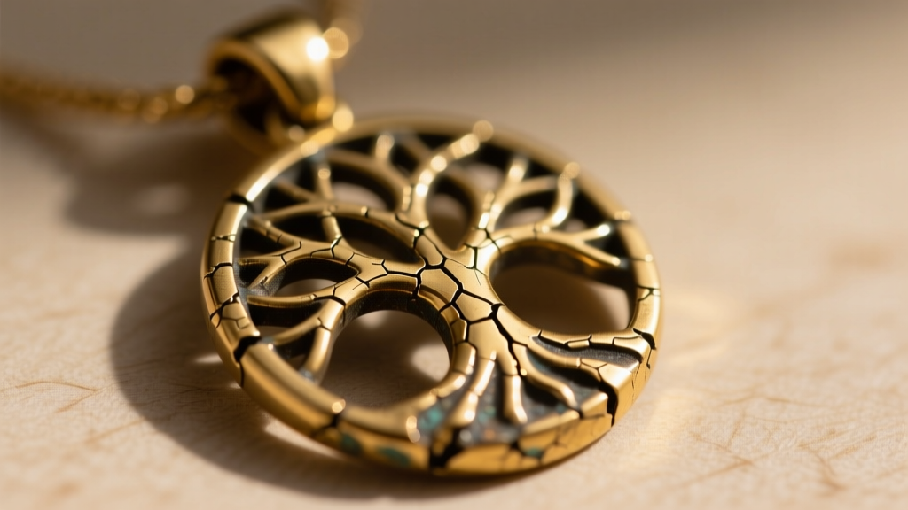 Close-up of a worn gold-plated tree of life pendant showing brass bleeding through the bark texture under harsh directional light