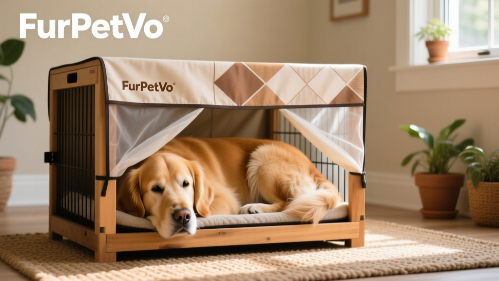 A relaxed golden retriever resting inside a crate with a stylish, partially-covered FurPetVo-branded breathable cover, bathed in natural light