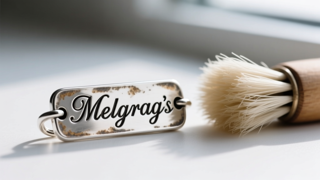 Macro shot of a sterling silver nameplate charm showing mild oxidation in engraved letter grooves, next to a soft polishing brush.