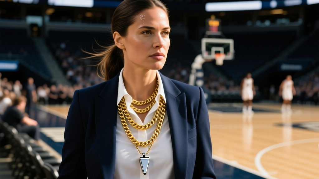 Female basketball coach on sideline wearing layered 14k gold rope chains and a whistle pendant over a blazer, cinematic lighting