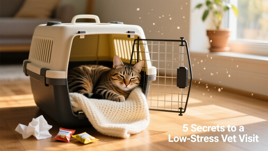 A cat calmly resting inside an open carrier with a soft blanket and a few treats nearby