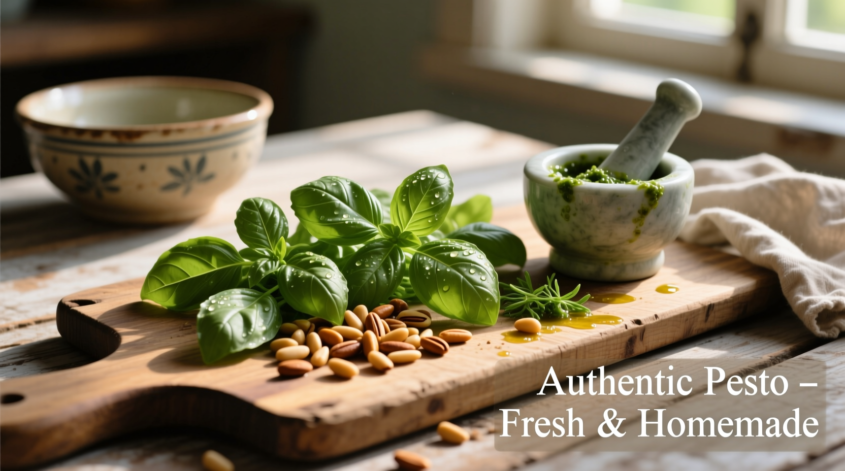 Fresh basil leaves and pine nuts for pesto sauce
