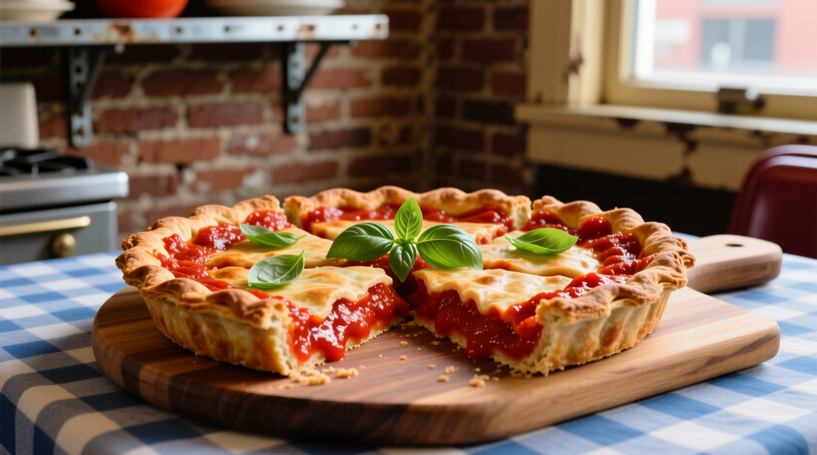 Philadelphia-style tomato pie with thick crust and vibrant red sauce