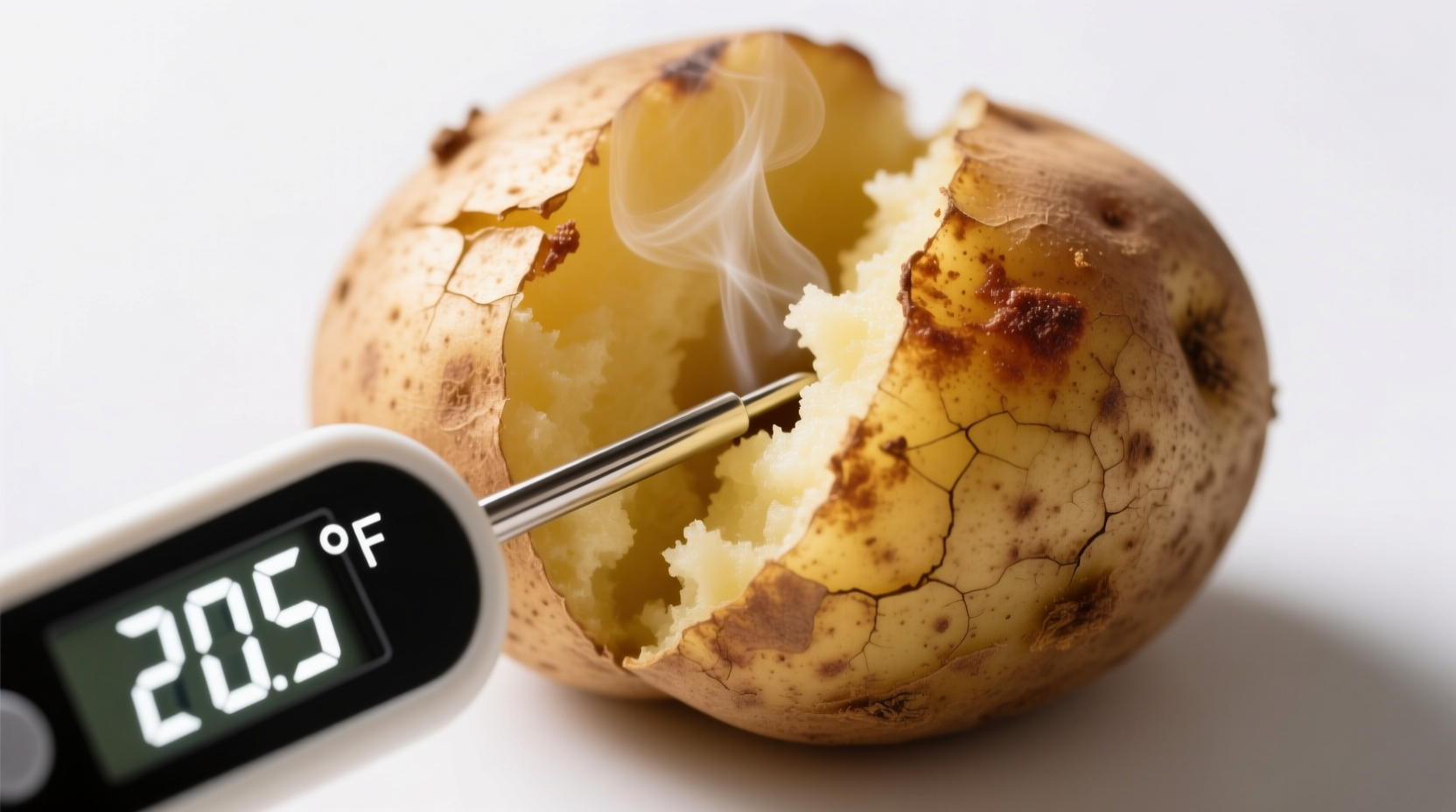 Thermometer measuring internal temperature of baked potato